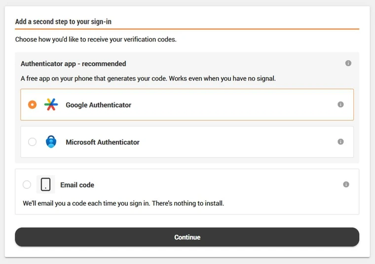 Add a second step to your sign-in, choosing between an authenticator app or an email code