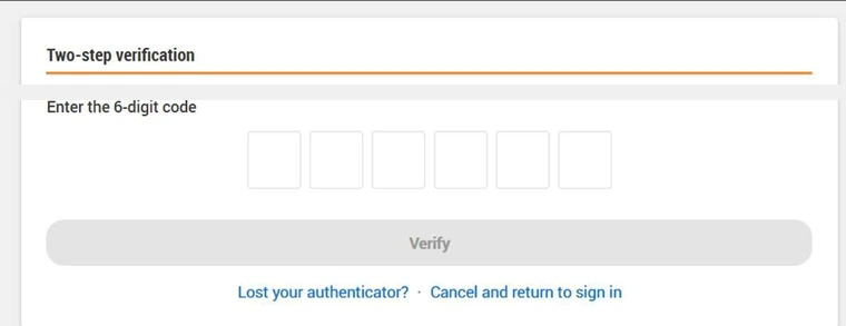 Two-step verification screen asking for a 6-digit code