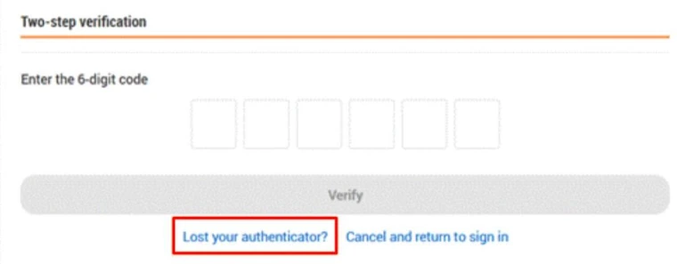 Two-step verification screen with the Lost your authenticator link highlighted