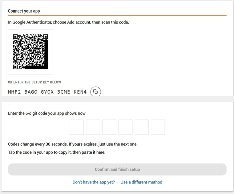 Connect your app screen showing a QR code and setup key, and a field to enter the 6-digit code